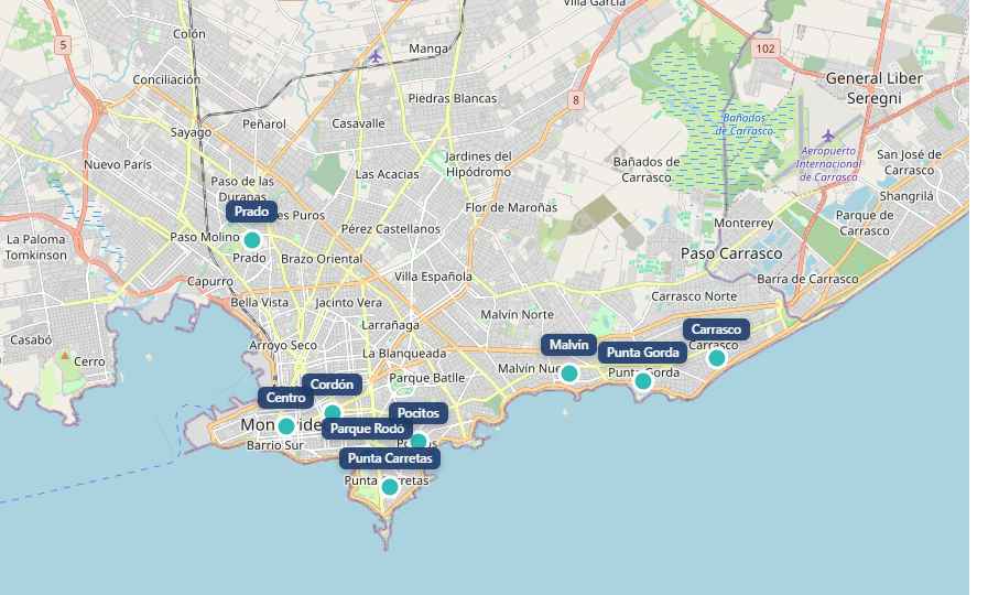 Mapa de Montevideo con las zonas de cobertura de Vivam